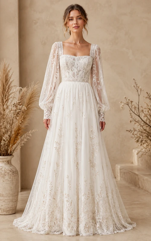 Vestido de novia bohemio de corte A, manga larga, escote cuadrado, apliques de tul y encaje, largo hasta el suelo, cola de capilla, color marfil.