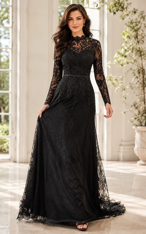 Black Lace High-Neck Long-Sleeve A-Line Sweep-Train Formal Dress