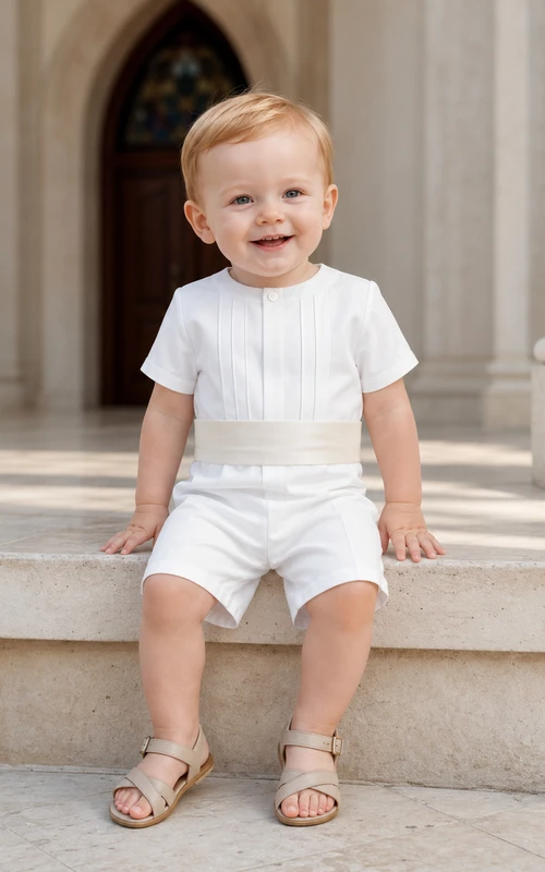 Minimalistisches weißes Kurzarm-Taufoutfit mit Abnähern und Schärpe für Jungen