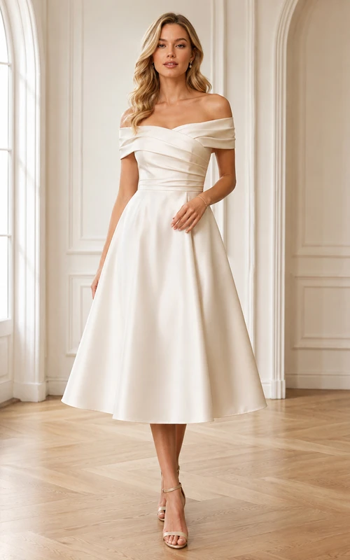 Elegante vestido de cóctel blanco de corte A, largo midi, con hombros descubiertos y plisados, de satén vintage.