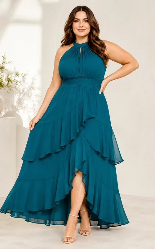 Robe longue grande taille bleu sarcelle à dos nu et volants en mousseline superposée.
