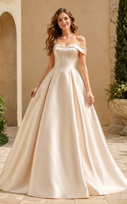 Champagne Satin Off Shoulder Short Sleeve Ball Gown Dress