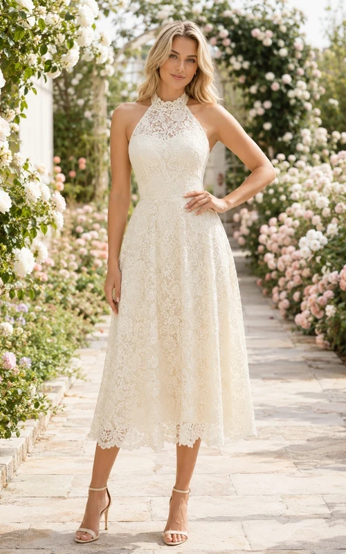 Robe romantique et simple de jardin, dos nu, coupe trapèze, longueur thé, sans manches, en dentelle ivoire, style A-line, longueur jardin.