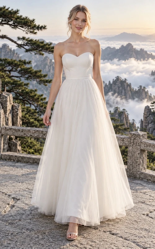 Vestido de recepción sencillo sin tirantes, escote corazón, tul, largo hasta los tobillos