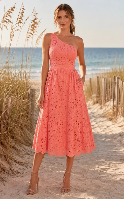 Coral Lace Spaghetti Strap Sleeveless Tea Length A-Line Dress