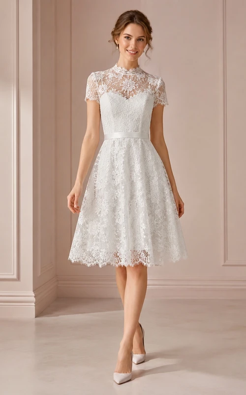 Modest Jewel Neck Cap Sleeve Lace A-Line Knee-Length Courthouse Wedding Dress