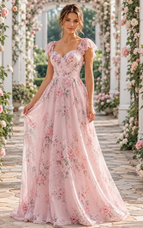 Blush Floral Sweetheart Petal Sleeve Chiffon Floor Length Garden Guest Gown