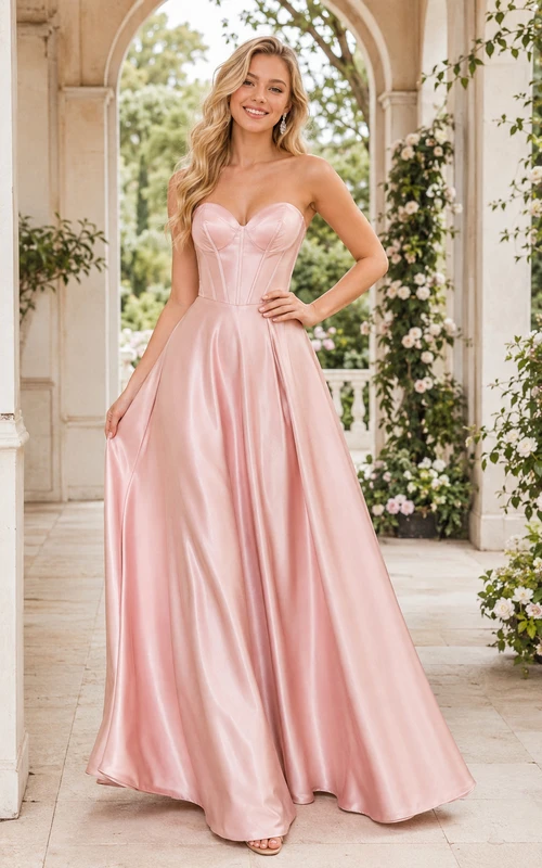 Vestido de fiesta de satén rosa empolvado con corte en A y corpiño palabra de honor.