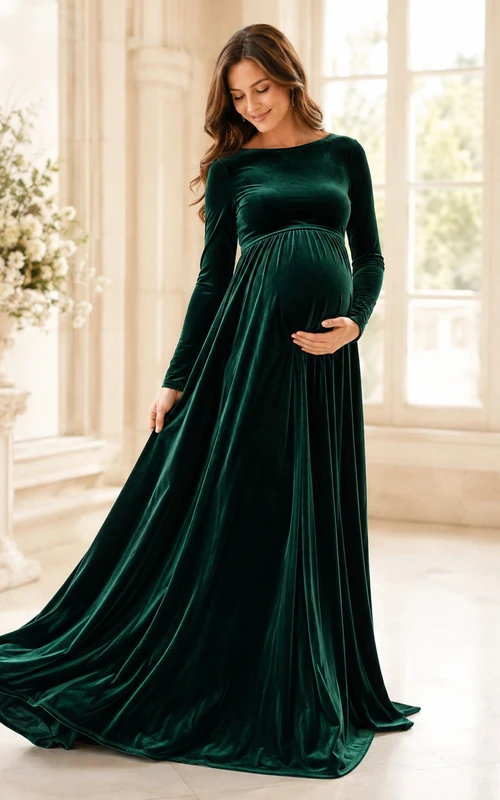 Dark Green Scoop Long-Sleeve Velvet Luxury Maternity Mother Sweep Gown