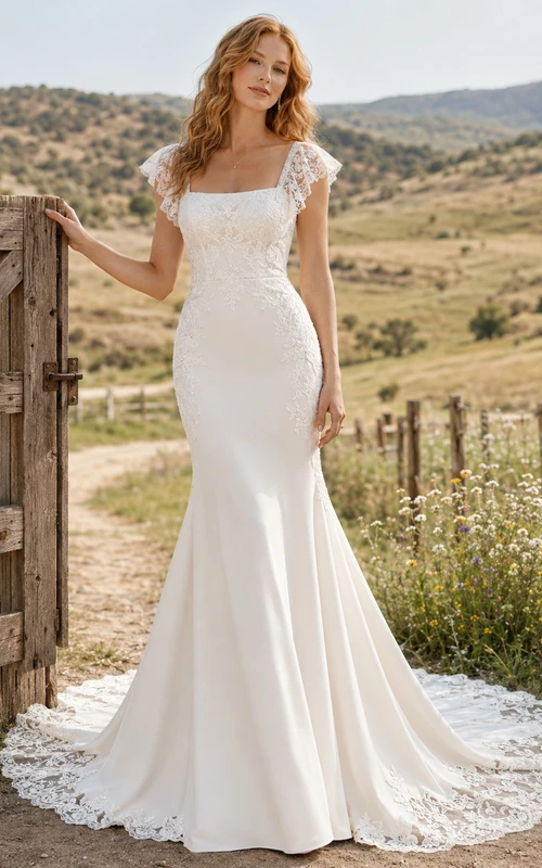 Brautkleid im Landhausstil aus Spitze und Crêpe, Meerjungfrauen-Stil, Rundhalsausschnitt, kurze Ärmel, Kapellenschleppe, tiefer V-Ausschnitt am Rücken