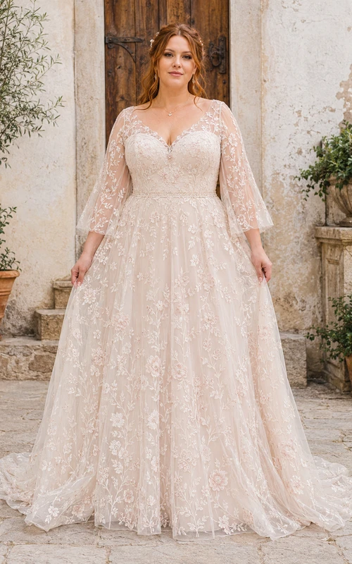 Plus Size Ivory V-Neck Long Sleeve Lace A-Line Wedding Dress with Bell Sleeves