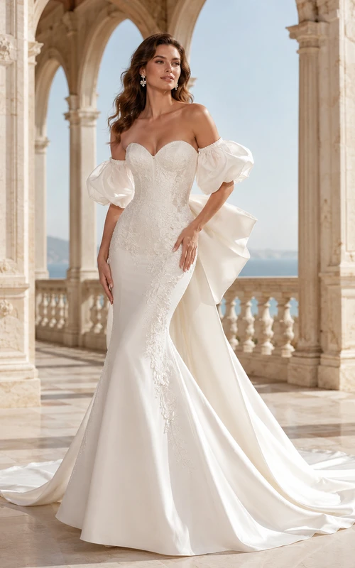 Robe de mariée sirène en satin dentelle à épaules dénudées et manches bouffantes, nœud papillon, style chapelle
