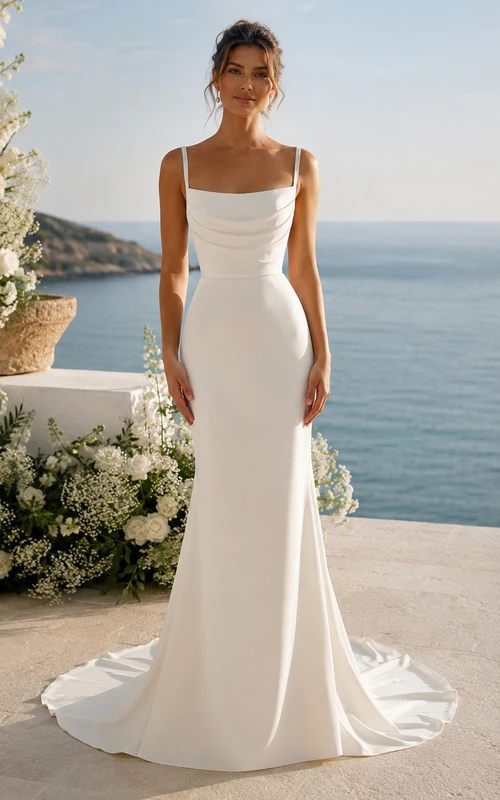Square Neck Satin Mermaid Wedding Dress with Clean Lines and Sweep Train