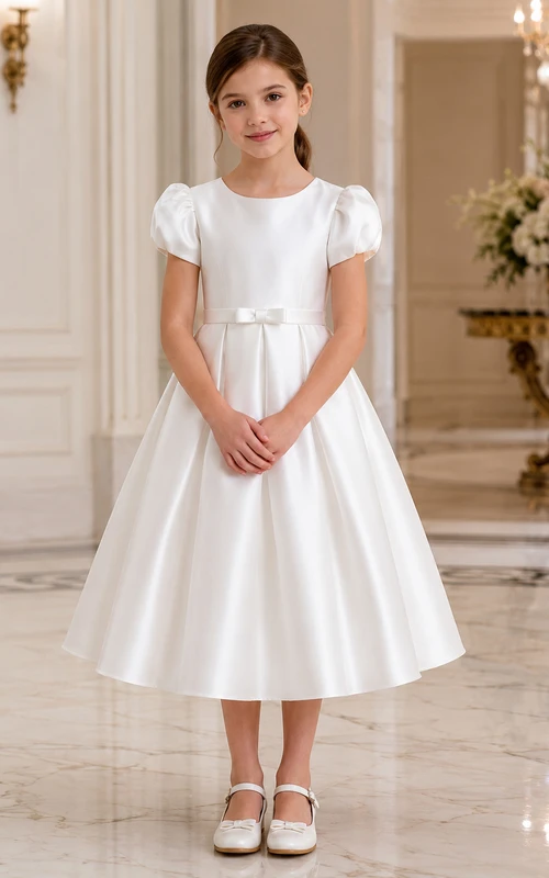 White Satin A-Line Flower Girl Dress with Short Sleeve, Jewel Neck, Tea-Length Skirt, Bow Detail