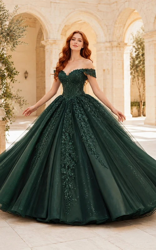 Vestido de quinceañera largo hasta el suelo, de tul, encaje floral, encaje y hombros descubiertos, color verde oscuro.