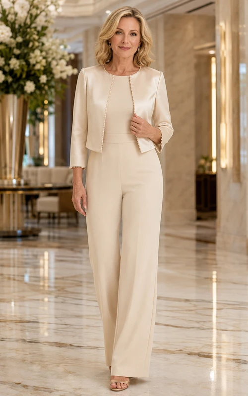 Ivory Mother Pantsuit with Satin Bolero Jacket, Jewel Top and Wide Leg Pants
