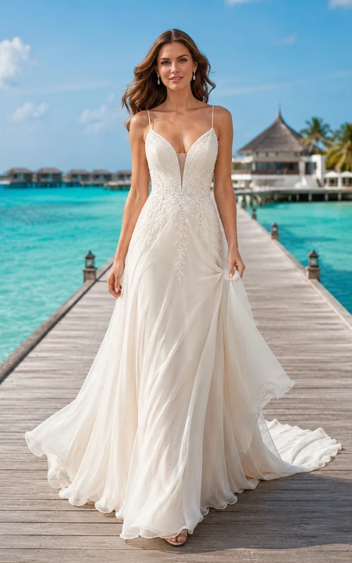 Robe de mariée de style resort en mousseline de soie, décolleté plongeant en V, coupe trapèze, traîne, dentelle