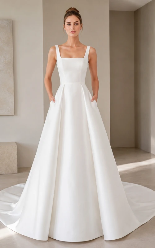 Robe de mariée moderne en satin, coupe trapèze, col carré, poches et traîne chapelle, avec poche et encolure carrée
