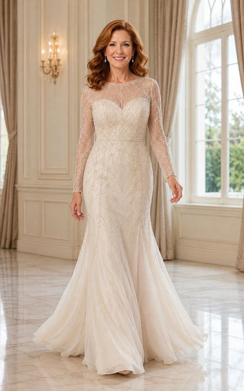 MOB-Kleid, elfenbeinfarben, Meerjungfrauenstil, Spitze, Tüll, lange Ärmel, U-Boot-Ausschnitt, Schleppe