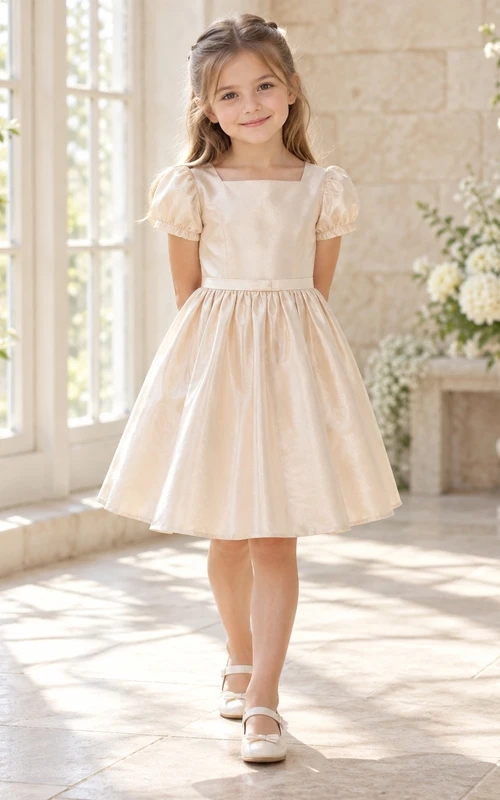 Robe de demoiselle d'honneur couleur champagne, longueur genou, col carré, manches bouffantes rondes, ceinture fine crème, nœud plat, fronces amples, dos boutonné