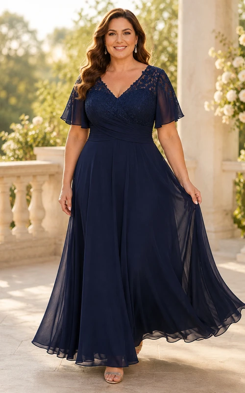 MOB-Kleid Dunkelblaues Chiffon-Spitzenkleid in A-Linie mit kurzen Ärmeln, V-Ausschnitt, bodenlang, plissiert