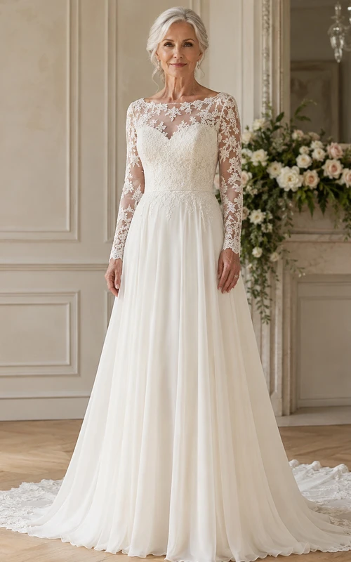 Elegantes, langärmeliges A-Linien-Hochzeitskleid aus Spitze für reifere Bräute mit Illusionsrücken