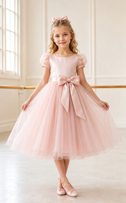 Pink Lace Tulle A-Line Flower Girl Dress with Short Sleeves, Jewel Neck, Tea-Length Skirt and Bow Detail