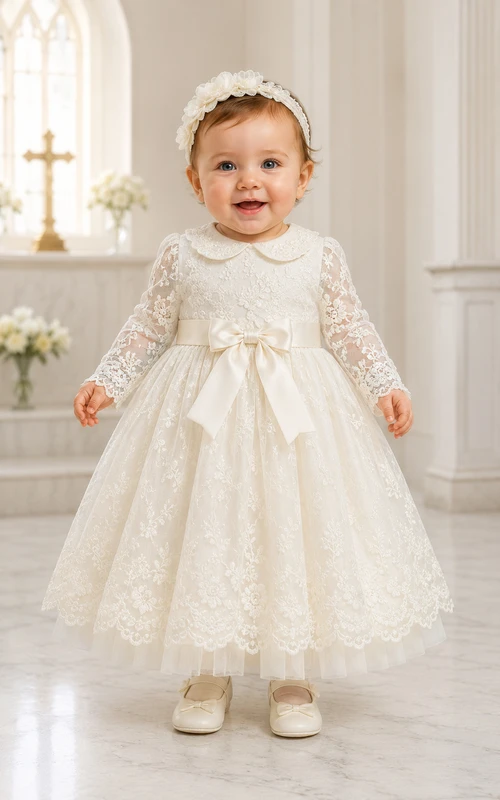 Baby Christening Gown Modest Princess Ball Gown Long Sleeve Illusion Tulle Lace Floor-Length with Bow Sash in Ivory