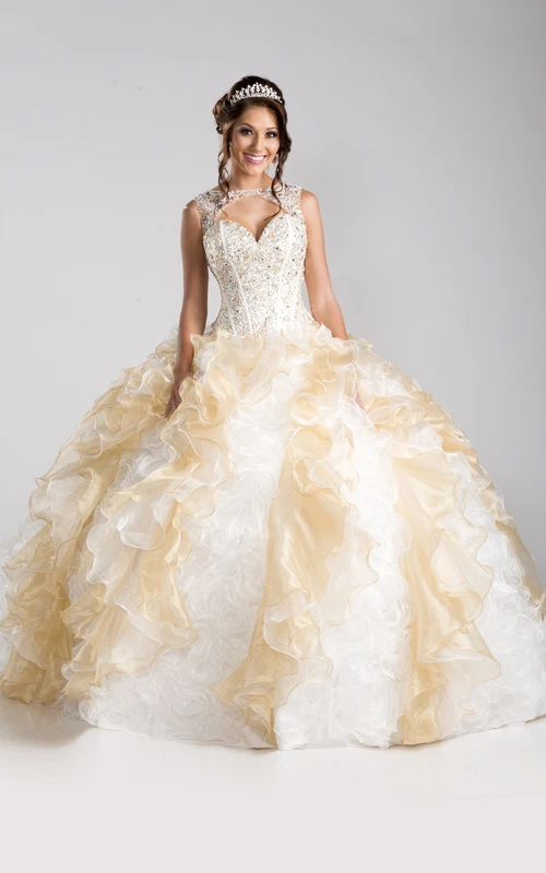 Ärmelloses Ballkleid mit Schlüssellochausschnitt, Kaskadenrüschen und Schnürung am Rücken