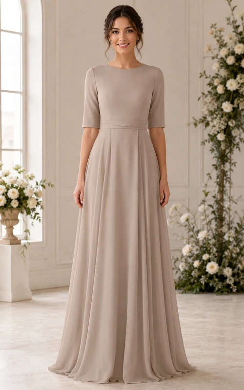 Robe de demoiselle d'honneur taupe en mousseline de soie à manches courtes et col rond, coupe trapèze, manches courtes et col rond