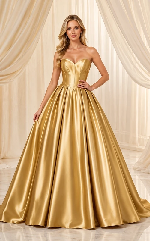 Goldenes, trägerloses Ballkleid aus Satin mit herzförmigem Dekolleté, bodenlang und mit Schleppe