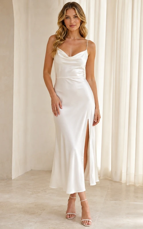 Weißes, tailliertes Abendkleid aus Satin mit Wasserfallausschnitt, Spaghettiträgern und Schlitz, wadenlang