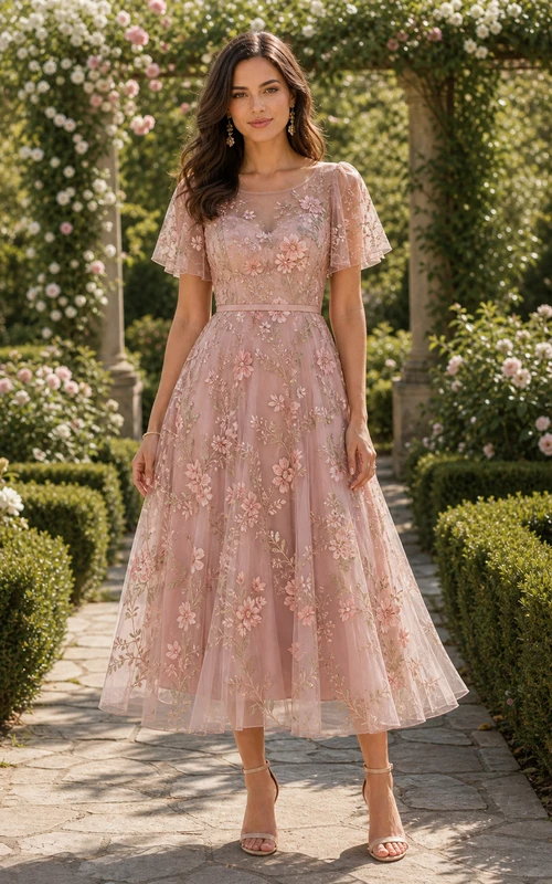 Robe trapèze en tulle à manches papillon et dentelle rose poudré, longueur thé