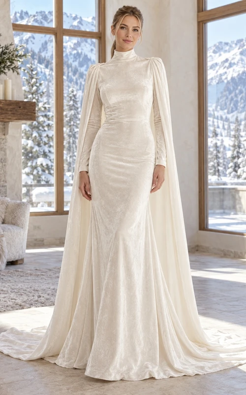 Vestido de invierno tipo capa de terciopelo con cuello alto y manga larga, estilo tubo.