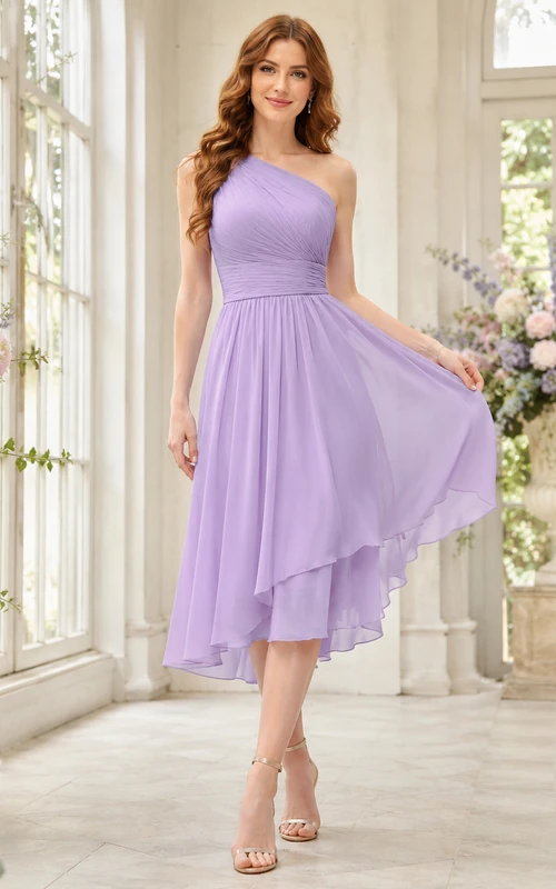 Violet Cascade Lavender A-Line High-Low One-Shoulder Sleeveless Chiffon Romantic Guest Dress