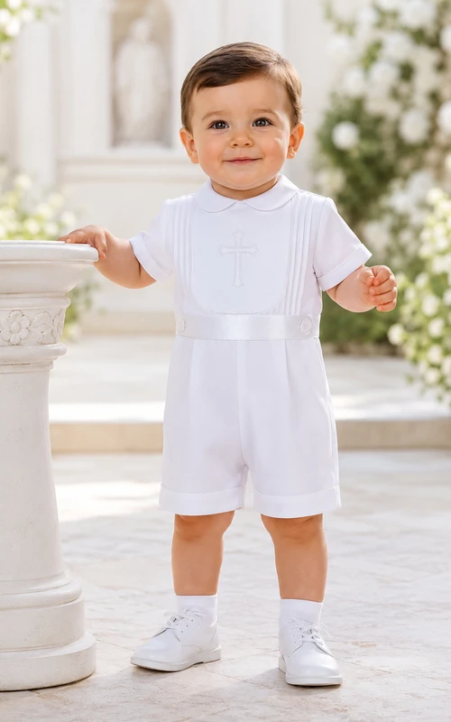 Katholisches weißes Kurzarm-Taufkleid mit hohem Kragen und Abnähern