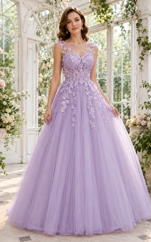 Lavender Sweetheart Sleeveless Tulle Ball Gown Floor-length Floral Reception Dress