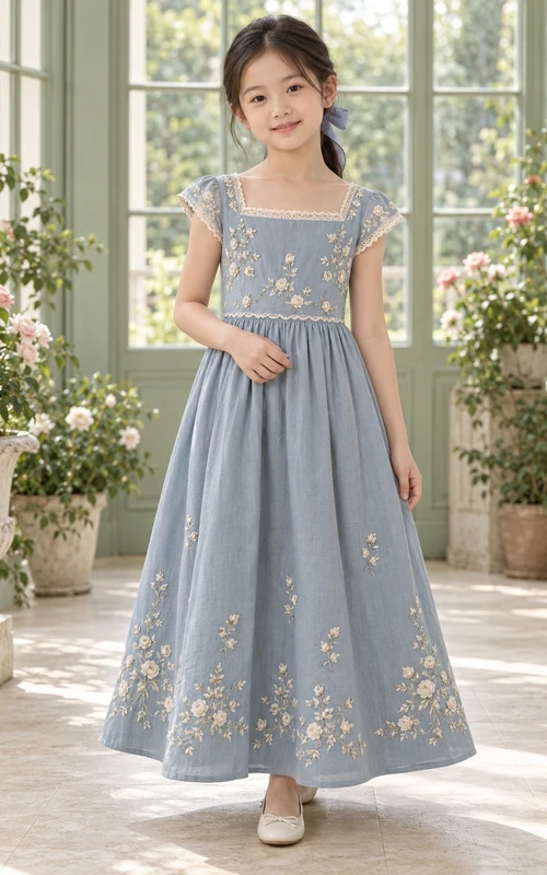 Vestido de niña de flores azul con escote cuadrado, estampado floral, corte en A, mangas cortas, largo hasta los tobillos y lazo bordado en la espalda.