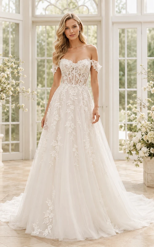 Robe de mariée en dentelle raffinée et tulle, épaules dénudées, manches courtes, coupe trapèze, traîne chapelle, applications florales, fermeture éclair au dos