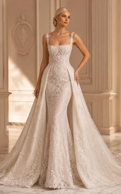 Robe de mariée intemporelle en dentelle et tulle, col carré, sans manches, sirène, traîne cathédrale, jupe amovible, style bal