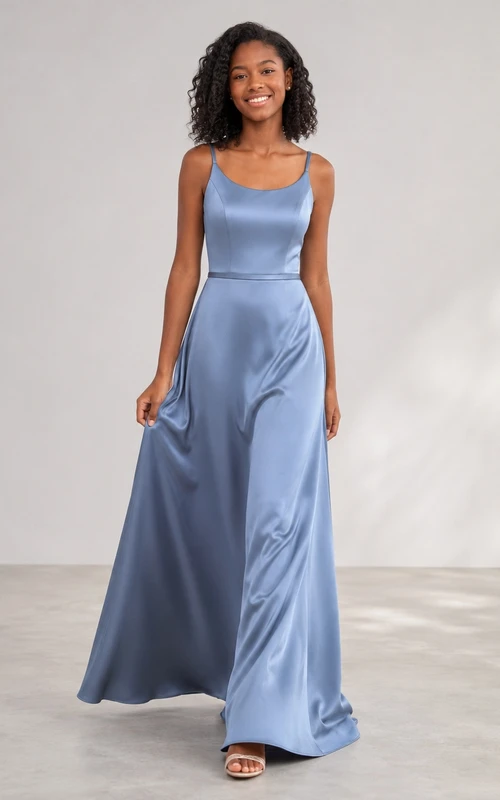 Himmelblaues Brautjungfernkleid im A-Linien-Stil mit Spaghettiträgern, ärmellos, aus Satin mit Raffungen, elegant und modern