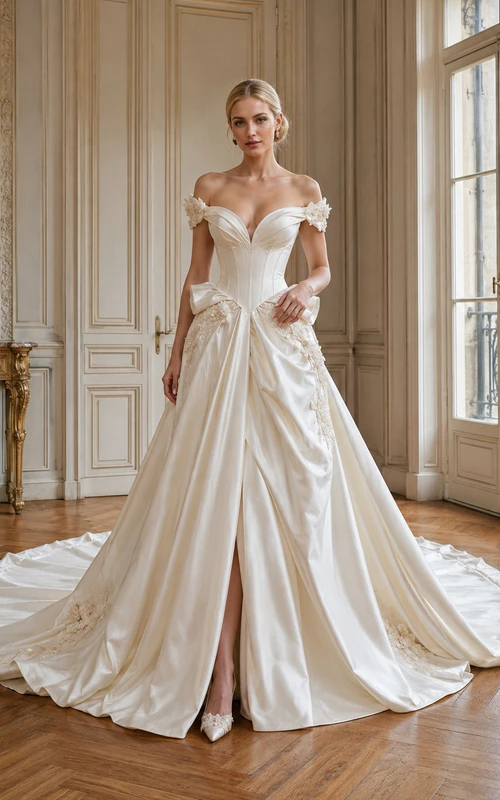 Robe de bal en satin et dentelle à épaules dénudées, fendue sur le devant, style chapelle