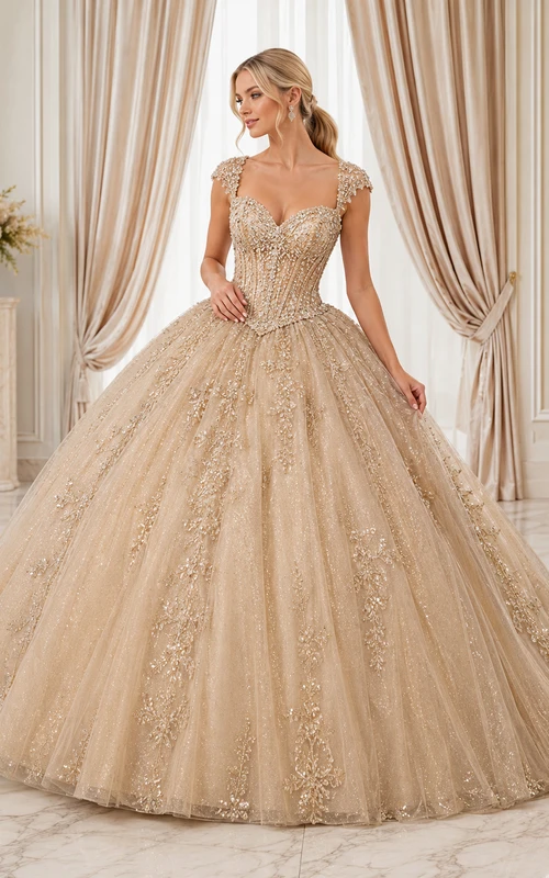Champagne Luxury Cap Sleeve Sweetheart Crystal Glitter Tulle Quinceanera Ball Gown