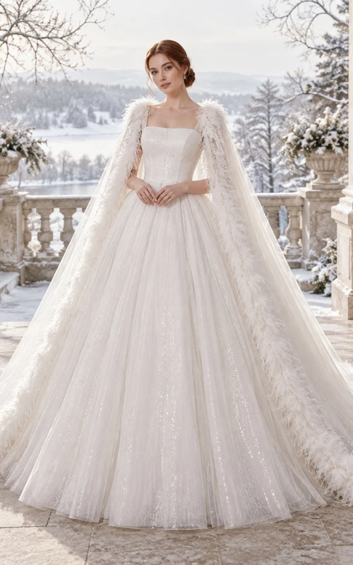 Vestido de novia de gala con cuello cuadrado, tul brillante y ribete de plumas, estilo invierno.