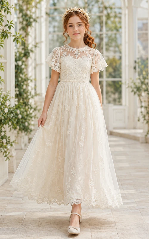 Boho Ruffle Sleeve Lace Ankle-Length A-Line Flower Girl Garden Wedding Tulle Dress
