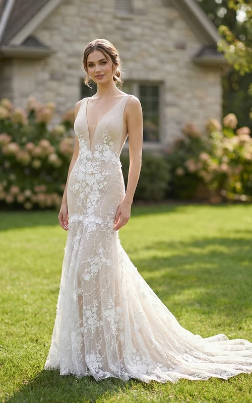 Vestido de novia bordado con flores, escote en V profundo y silueta de sirena.