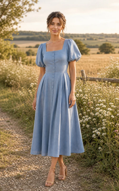 Robe mi-longue en satin bleu ciel à col carré et manches bouffantes