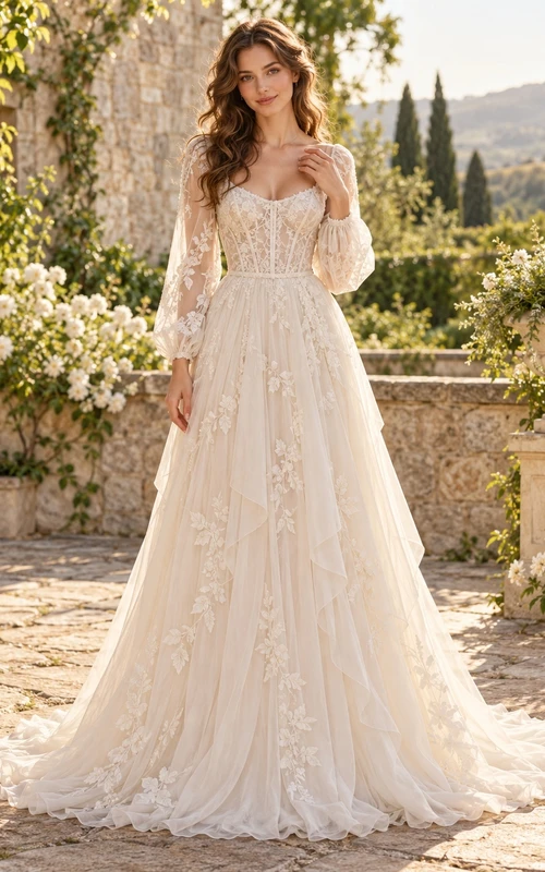 Long Sleeve Corset Sweetheart Floral Tulle A-line Romantic Wedding Dress