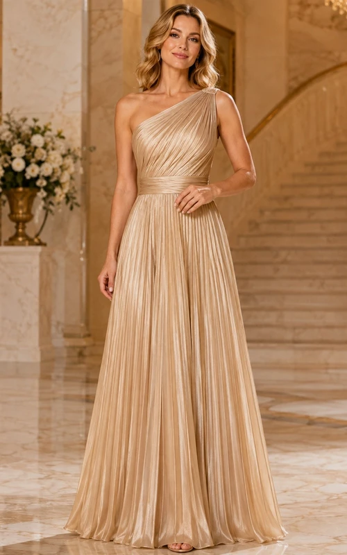 Champagne One Shoulder Pleated Satin A Line Evening Gown