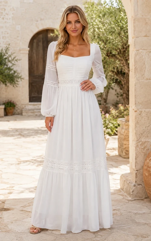 White Square-Neck Long-Sleeve Chiffon A-Line Floor-length Modest Garden Guest Dress